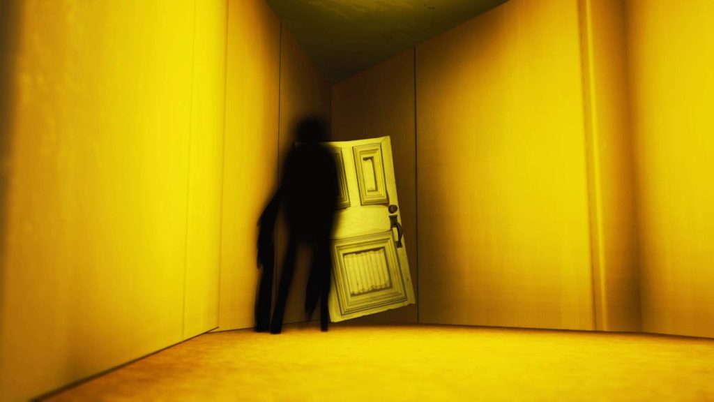 A shadow waits near a door.