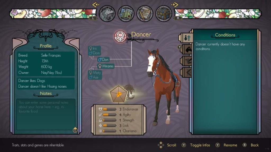Horse stats screen