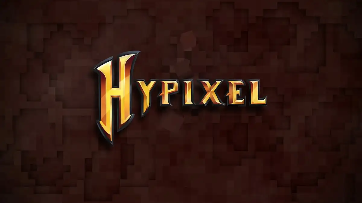 Hypixel written on a pixelated background.