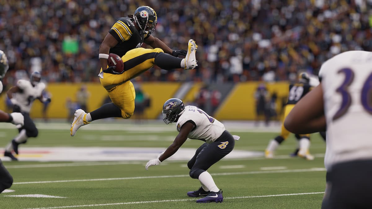 A player with the ball jumping over his opponent to proceed further in Madden 23