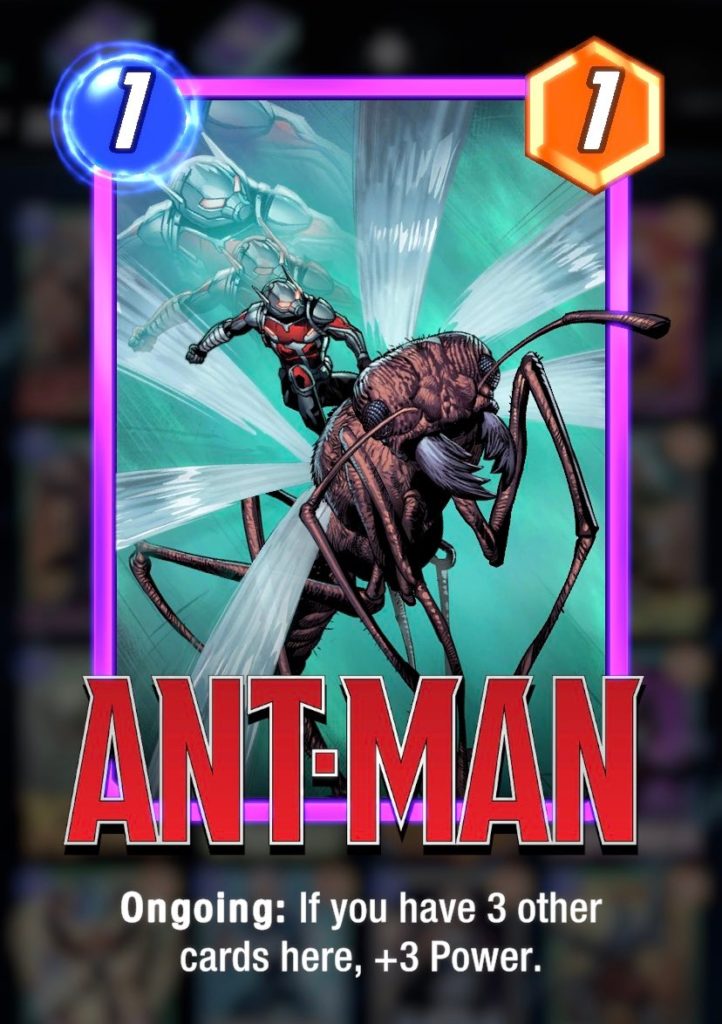 a small man in a black and red suit with a metallic helmet riding on the back of a flying ant. all of this is on trading card with the name Ant-Man written at the bottom in big letters