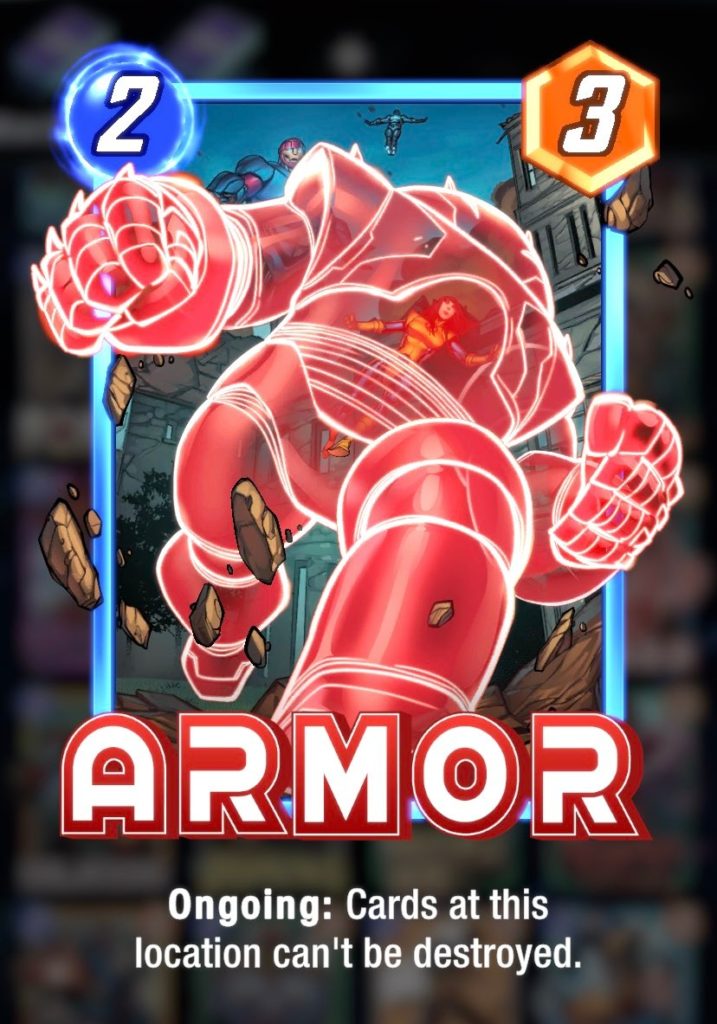 a trading card of a large, red, translucent suit of armor around a petite woman wearing a yellow jump suit. text at the bottom reads "Armor"