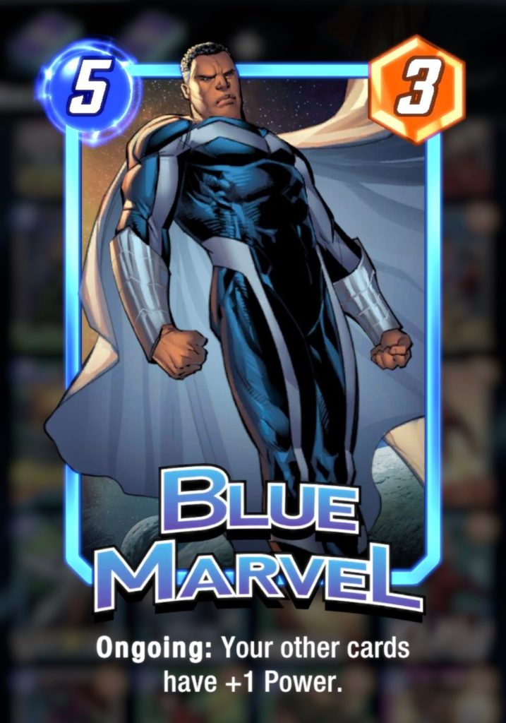 a muscular black man in a tight blue suit with a white cape and gauntlets. the name Blue Marvel is at the bottom of the trading card 