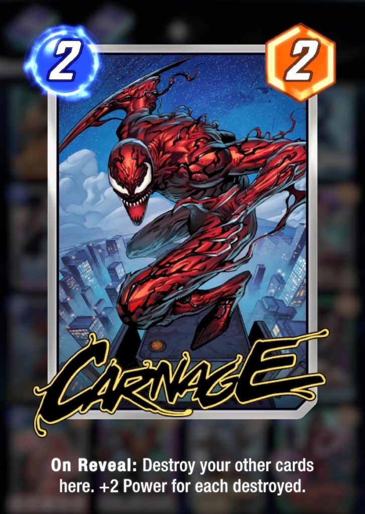 a trading card of a red skinned creature standing on top of a skyscraper and looking toward the viewer. text at the bottom reads "Carnage"