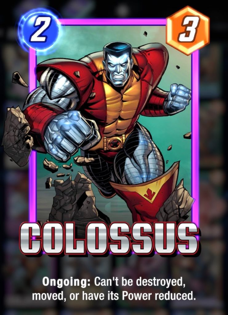 a trading card of a metal man in a yellow and red suit punching through a stone column. at the bottom his name reads Colossus