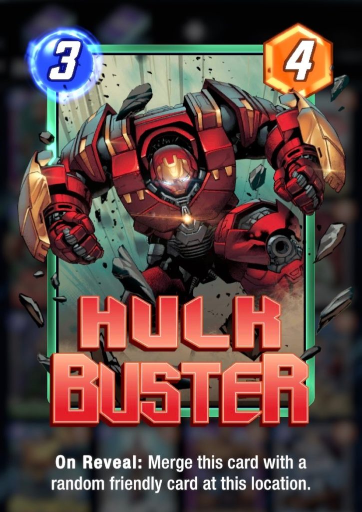 a trading card of a large, red and gold mech suit crashing into the ground. text at the bottom reads "Hulk Buster"
