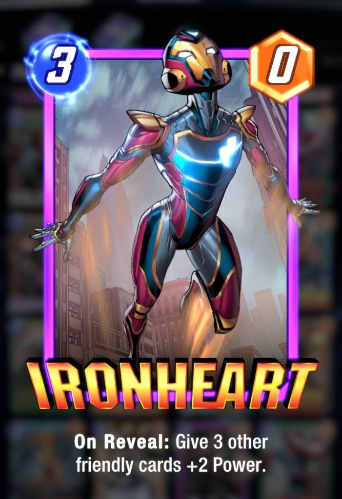 a trading card of a woman in a red, black, and gold mech suit. She's flying. text at the bottom reads "Ironheart"