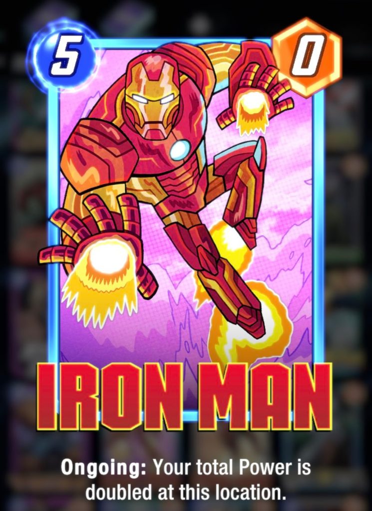 a trading card of a cartoonishly drawn iron man in his yellow and red suit. he's using the blasters in his feet and hands to remain aloft. at the bottom is text that reads "Iron Man" in red, block lettering