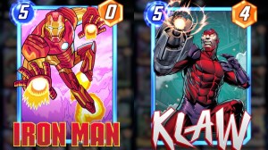 trading card of a cartoonish Iron Man mid-flight; trading card of Klaw in a red jumpsuit with his sonic cannon arm charging up