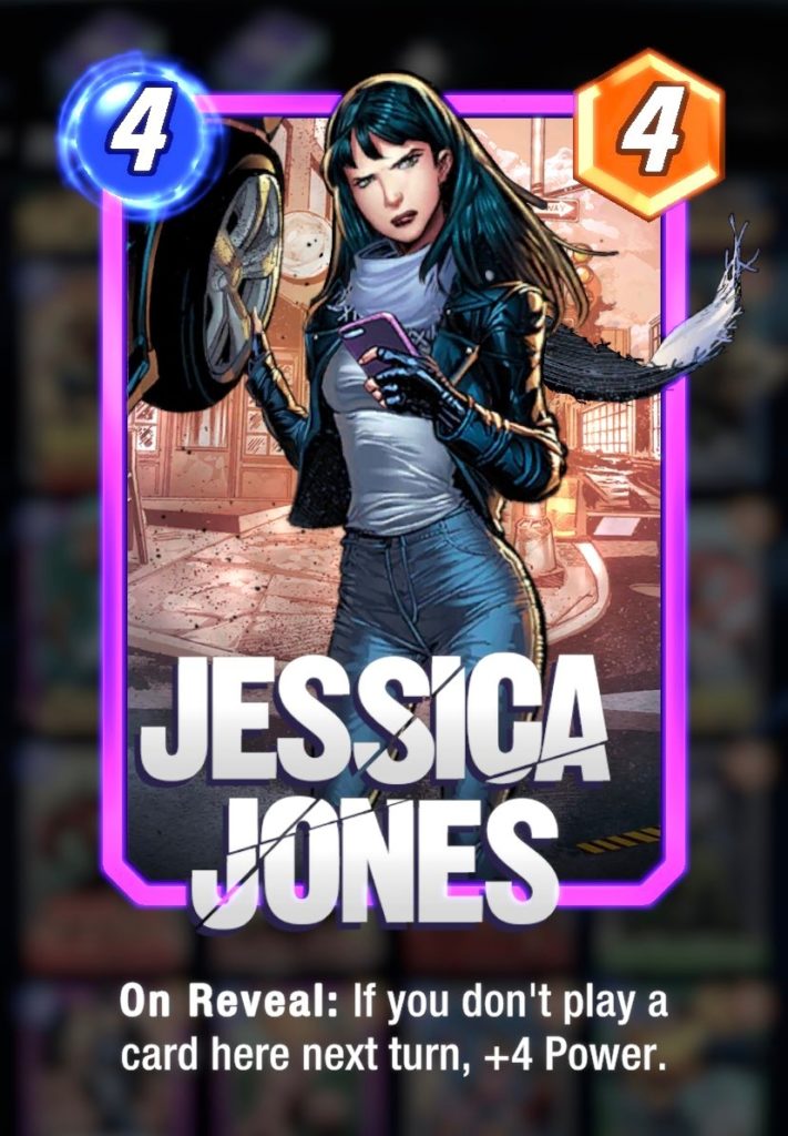 a woman in a white shirt, jeans, and a black jacket lifts a car tire in one hand while holding her cellphone in the other. text at the bottom reads "Jessica Jones"