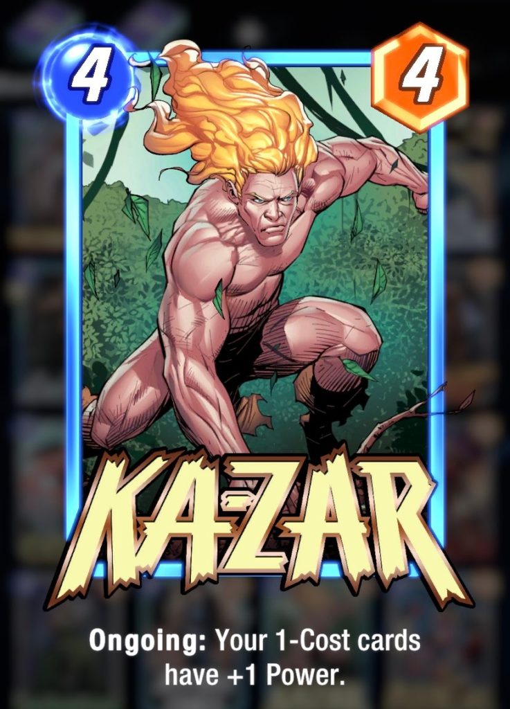 a trading card of a muscular blonde man standing in a tree. his hair is flying backward and there are trees behind him. text at the bottom of the card reads "Ka-Zar"