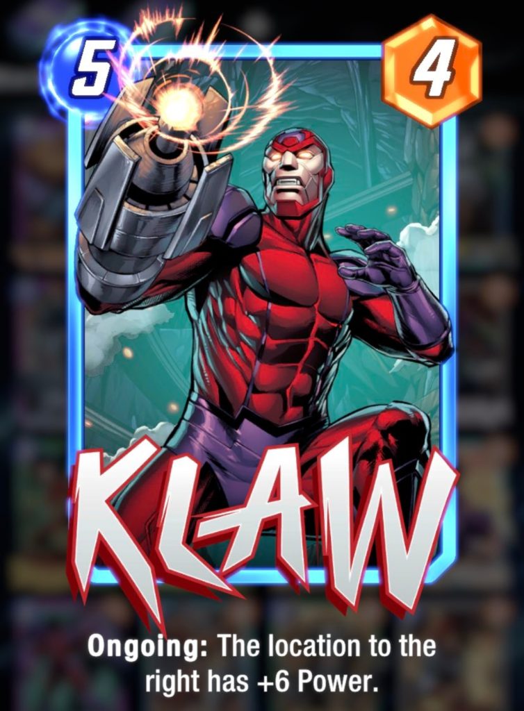 a man in a tight red suit with a metal arm with a cylindrical blaster at the end. at the bottom is the name Klaw in large letters