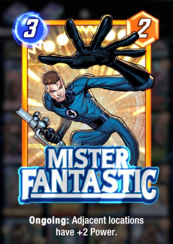 a trading card of a man in a blue and black suit stretching on arm toward the viewer while the other holds a cylindrical, metal device. text at the bottom reads "Mister Fantastic" 