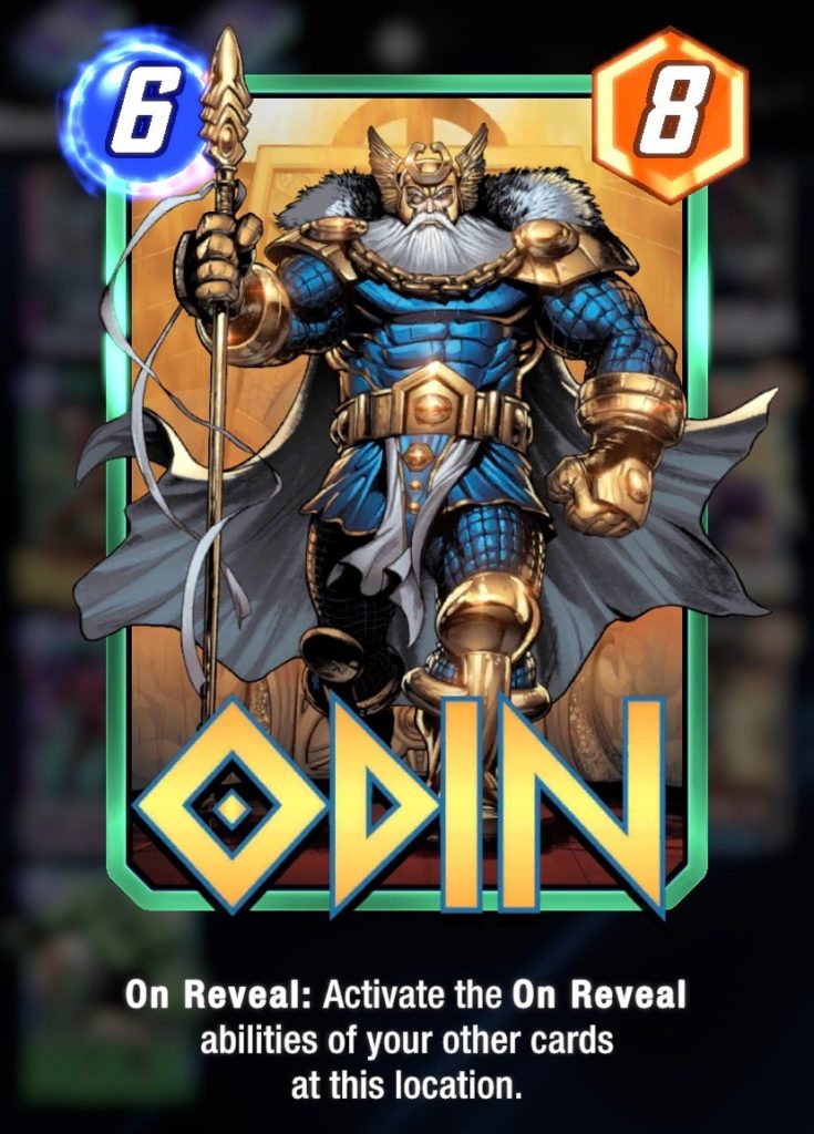 a large man in blue and gold leathers holds a tall, golden spear in one hand. He has a gold crown and a white, bushy beard. text at the bottom reads "Odin"