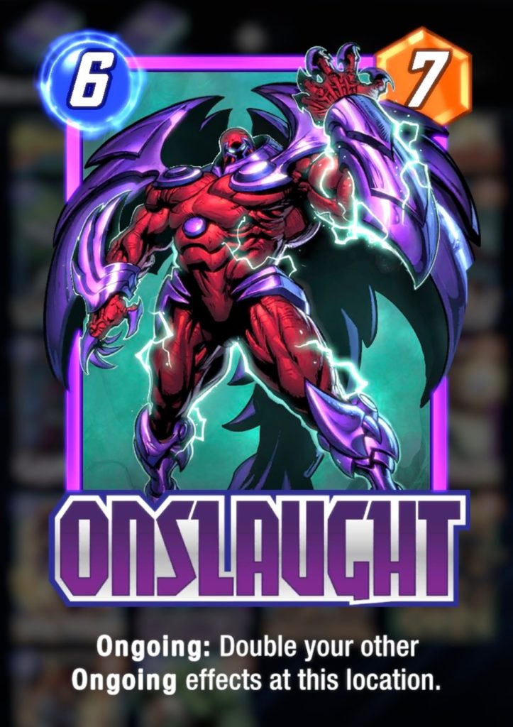 a trading card of a character named Onslaught who's large, wearing a red bodysuit, and has purple, metal gauntlets, grieves, and wings. He's also crackling with electricity and wearing a metal helmet 
