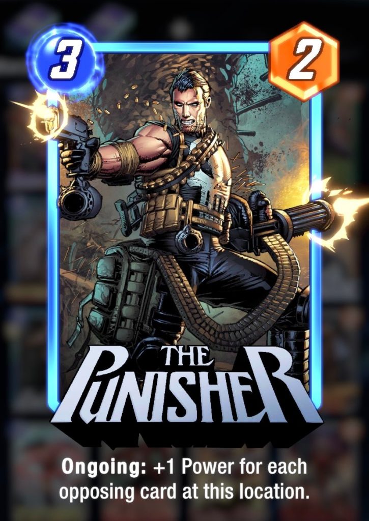 a trading card of a man wearing multiple ammo belts over a black outfit with a skull painted on the front. he's firing two guns in opposite directions. text at the bottom reads "the punisher" 
