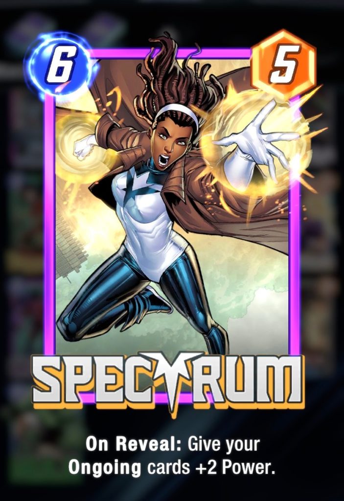 a woman in a white and black suit with a starburst on the chest and a brown jacket over it flies through the air with her hands glowing in white light. text at the bottom reads "Spectrum"