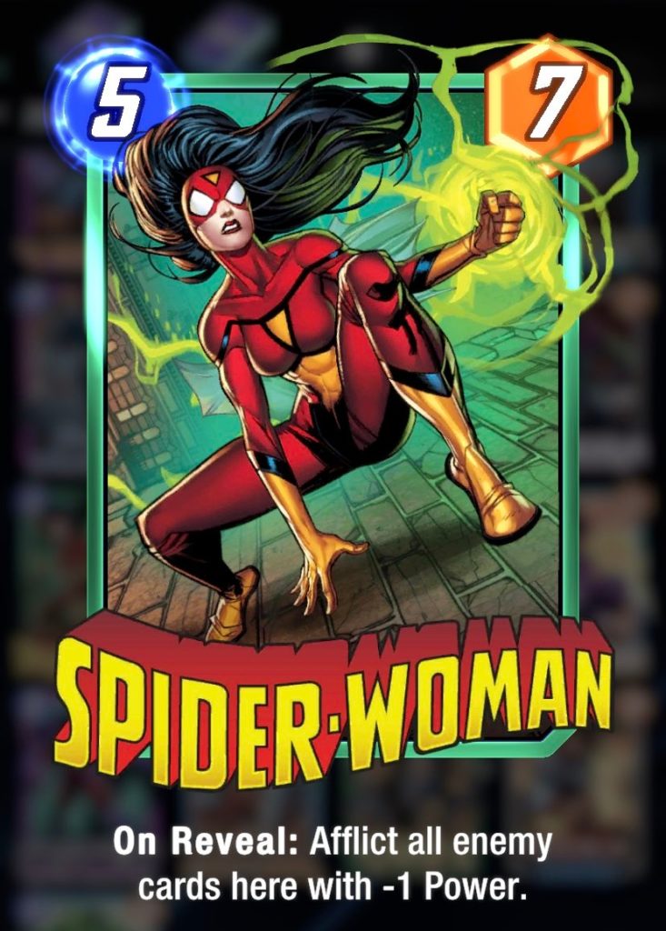 a woman in a yellow and red superhero suit. She has long black hair and her fist is glowing neon green. text at the bottom reads "Spider-Woman"