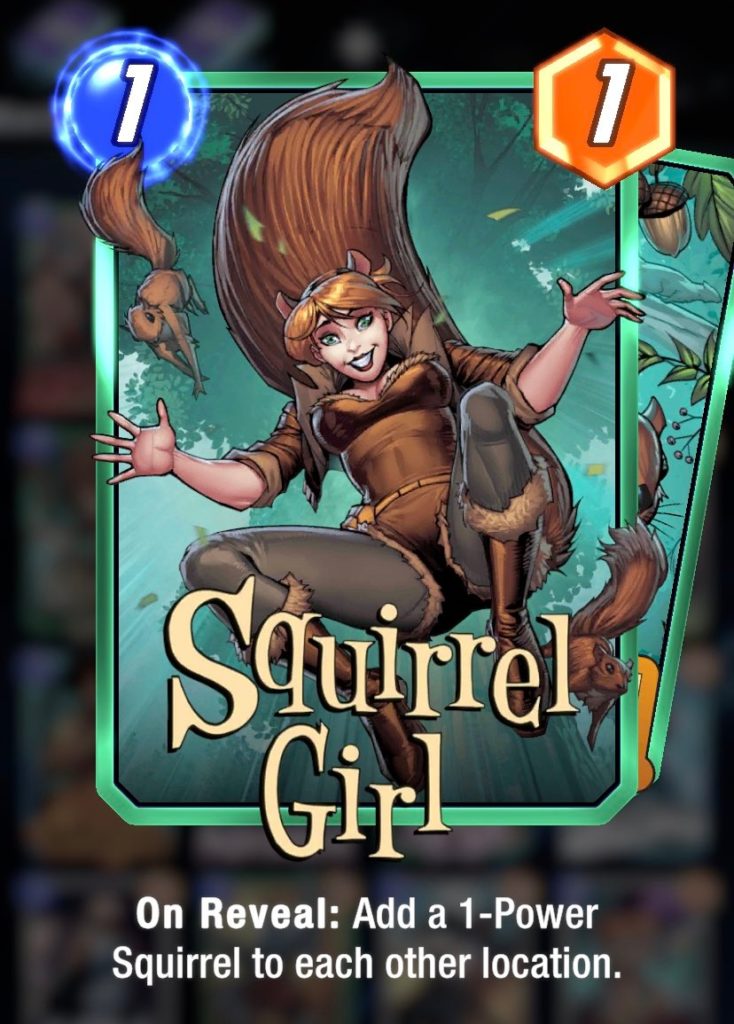 a trading of a girl in a brown jacket and jean shorts leaps down from a tree. She has a long, brown tail behind her and two squirrel friends nearby. Text at the bottom reads "Squirrel Girl"
