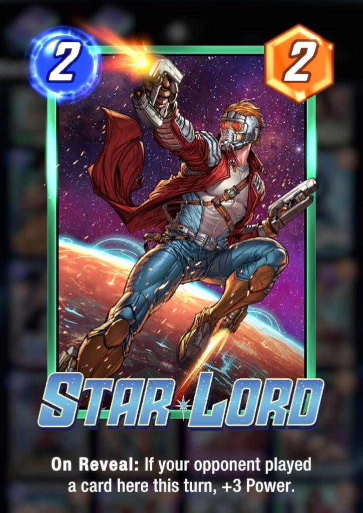 a trading card of a man in jeans and a red leather jacket flies into space with rocket boots while firing twin blasters. text at the bottom reads "Star-Lord"