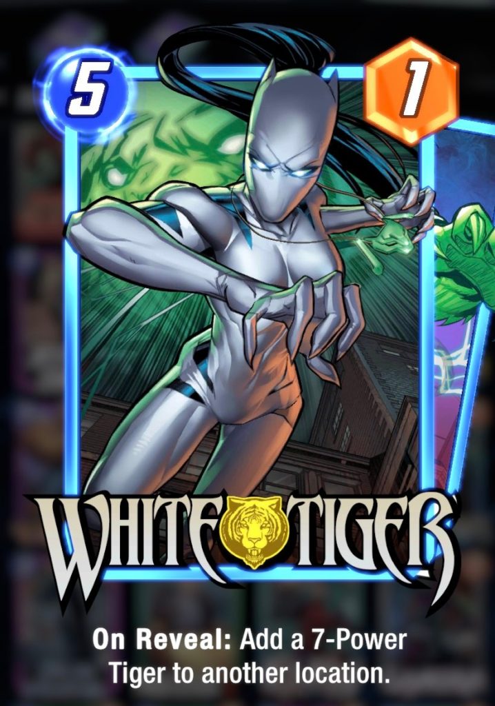 a trading card of a woman in a white, feline-like suit with a green, smoky tiger behind her. text at the bottom reads "White Tiger"