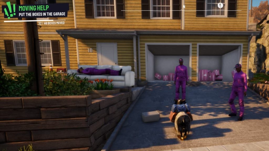 Goat standing in front of a garage, helping move boxes in Goat Simulator 3