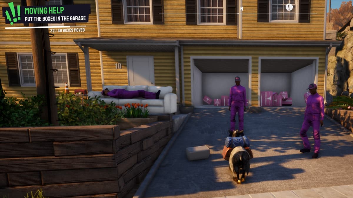 Goat standing in front of a garage, helping move boxes in Goat Simulator 3