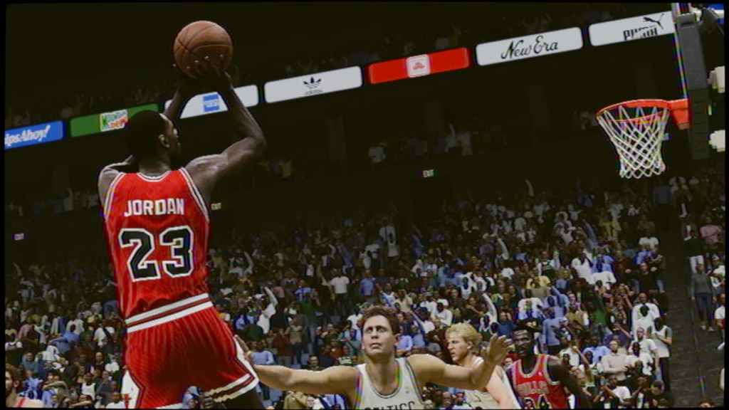 Michael Jordon jumping to shoot in a NBA 2K23 game.