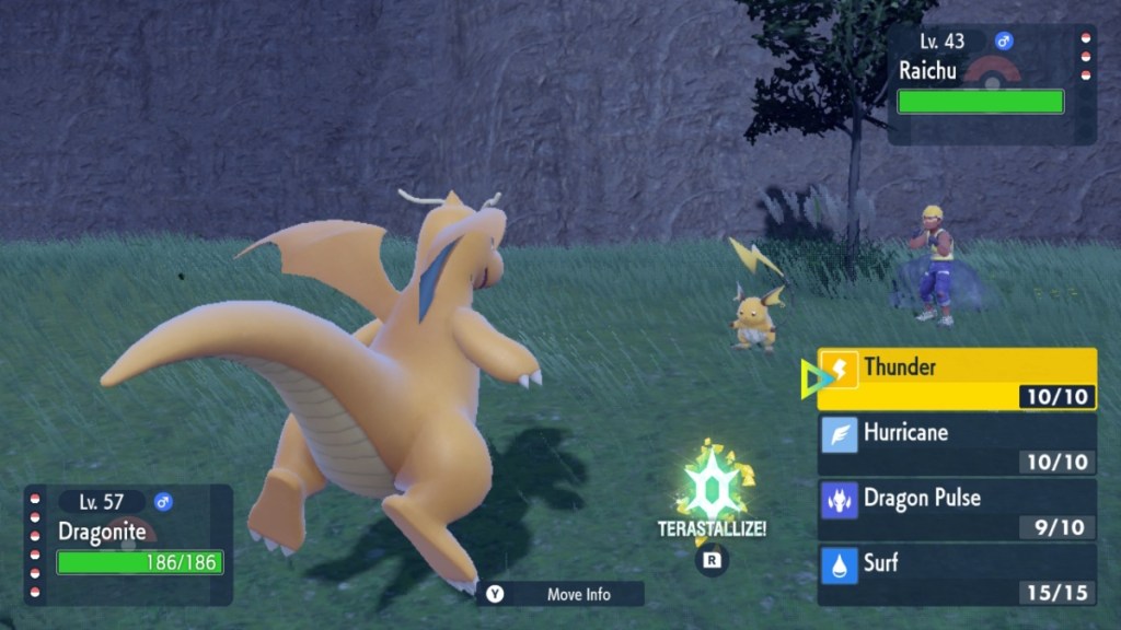 a yelllow dragon-like creature faces off against a yellow, mouse like creature with a long tail. on the left hand is a menu of attack moves