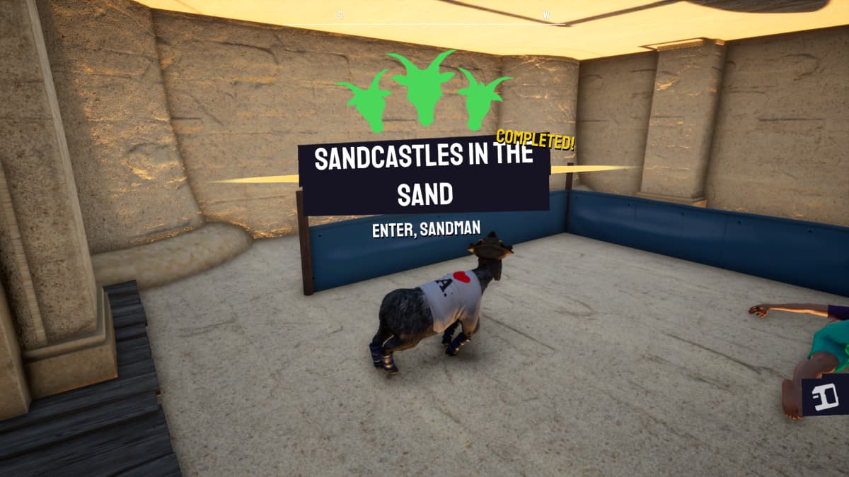 Goat standing inside the sandcastle after completing the event in Goat Simulator 3