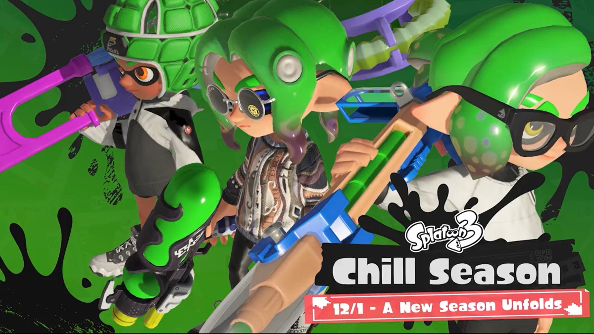three squid kids with green hair and each holding a different weapon on a black background splattered with green paint. in the bottom right corner is text that reads "Chill Season: 12/1 - a new season unfolds"