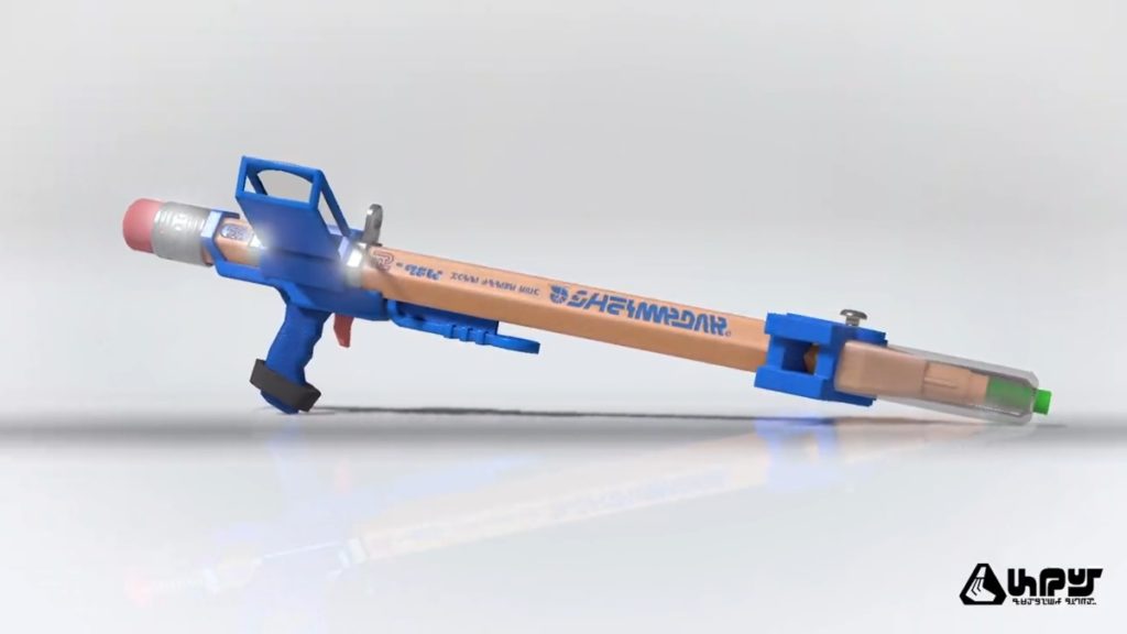 a sniper-like gun mad from a blue plastic grip around a large pencil