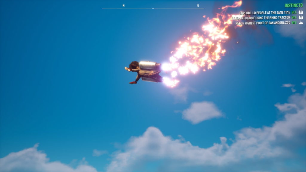 Goat with jetpack flying in the sky.
