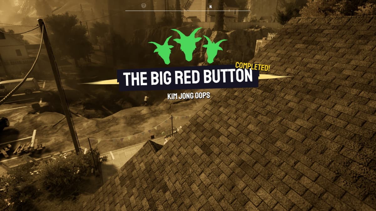 A banner indicating the completion of The Big Red Button even in Goat Simulator 3