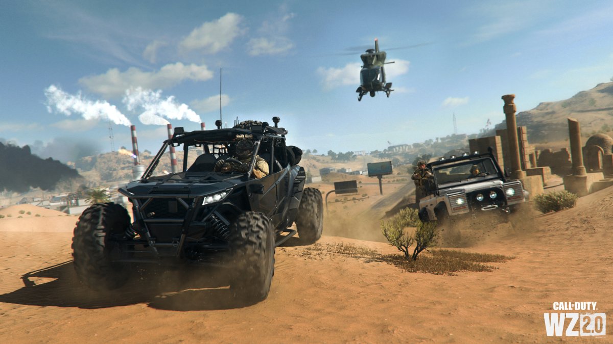 Vehicle Action Shot with buggies, helicopter, and jeep