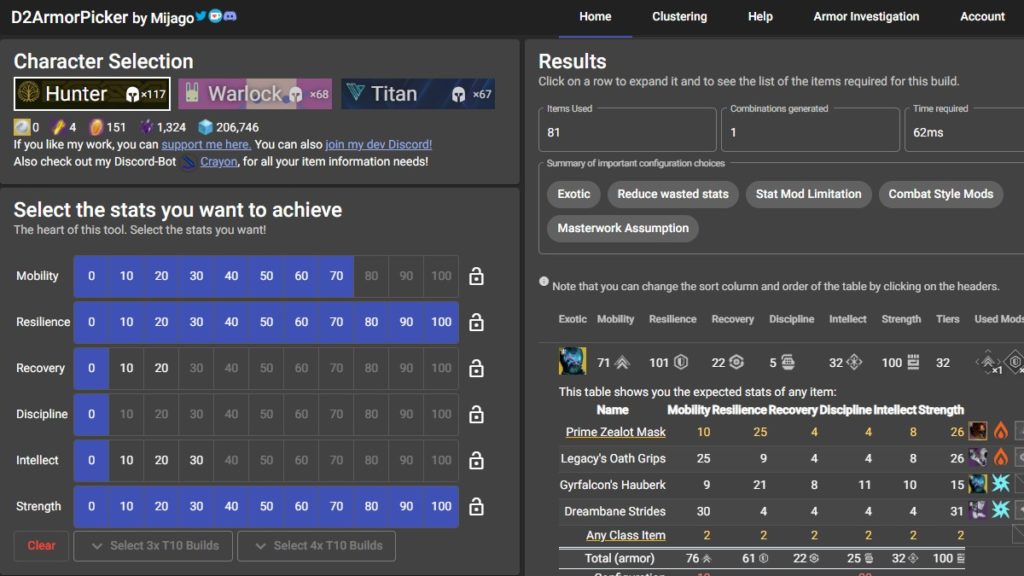 Destiny 2 Armor Picker stat selection tool. 