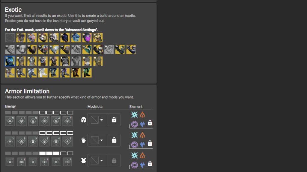 Destiny 2 Armor Picker Exotic selection section. 