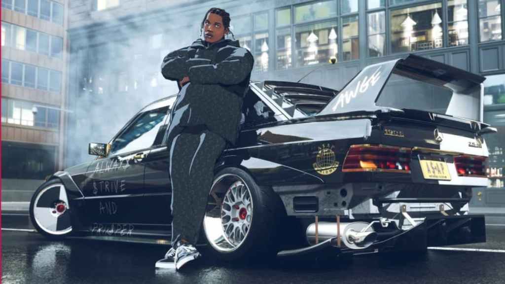 In-game character, A$AP Rocky standing in front of his customized car.