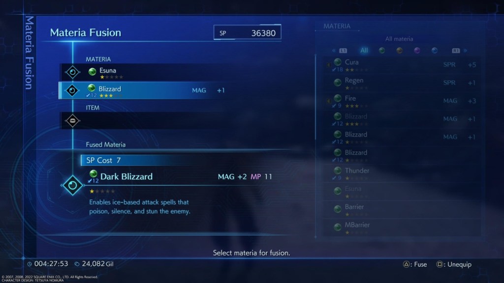 a menu screen showing a list of attack and spell materia on the right and fusion options on the left. the first slot is filled with an Esune spell, the second with Blizzard. The result at the bottom reads "Dark Blizzard"
