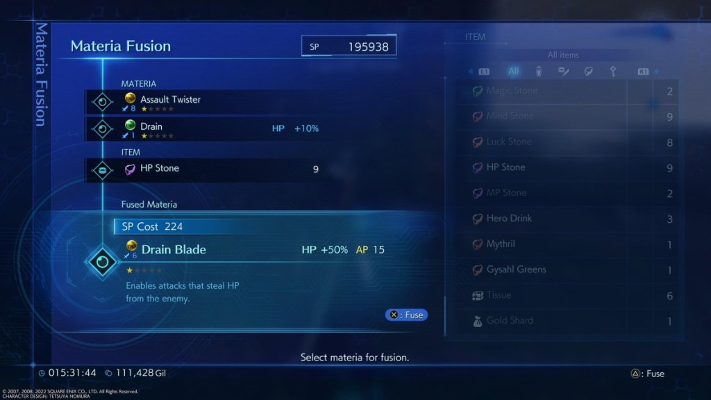 menu screen showing two materia about to be fused. The first is Assault Twister and the second is Drain, with HP stone in the item slot. The result will be Drain Blade with the description "Enables attacks that steal HP from the enemy."