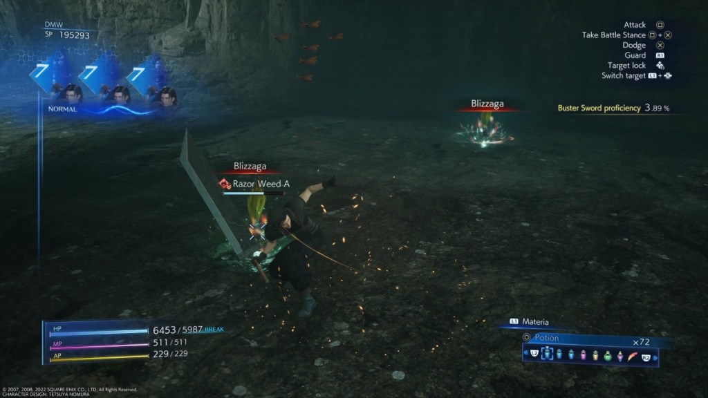 a battle scene where Zack in an all black outfit with spiky black hair initiates an overhead attack with his large sword. a plant-like enemy in front of him prepares a Blizzaga spell while another plant enemy in the background does the same