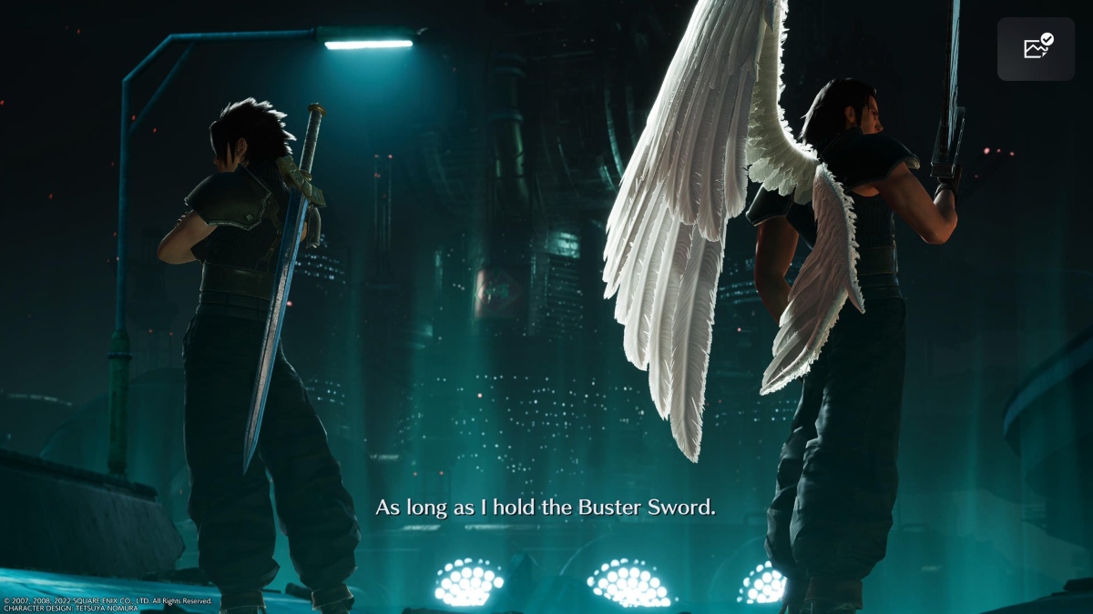 zack fair in all black with a sword on his back facing away from Angeal, a muscular man in a similar outfit with one, outstretched white wing. Angeal holds a sword up to his face. Text at the bottom reads "as long as I hold the buster sword"