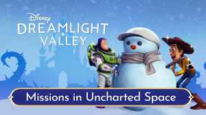A snowman with Disney characters in the cover image of Disney Dreamlight Valley Missions in Uncharted Space update.