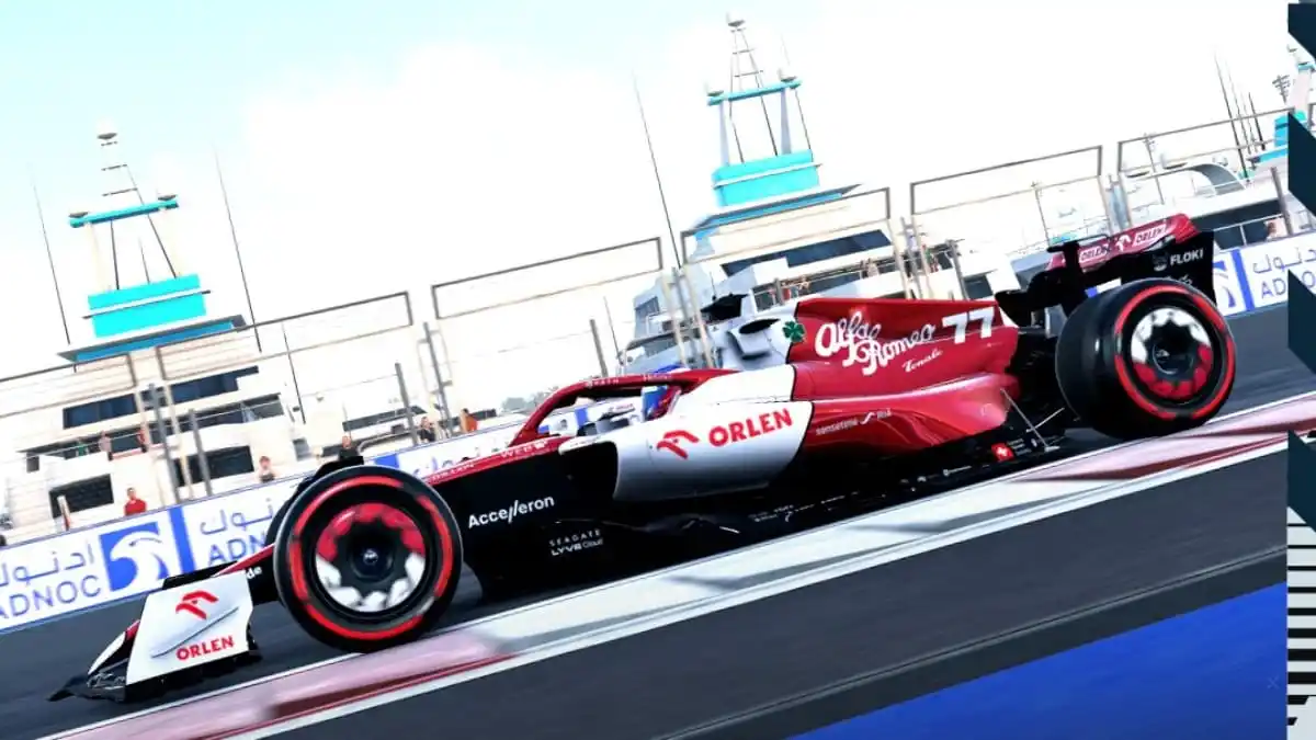A Formula 1 car in white and red color racing on a track in F1 22.