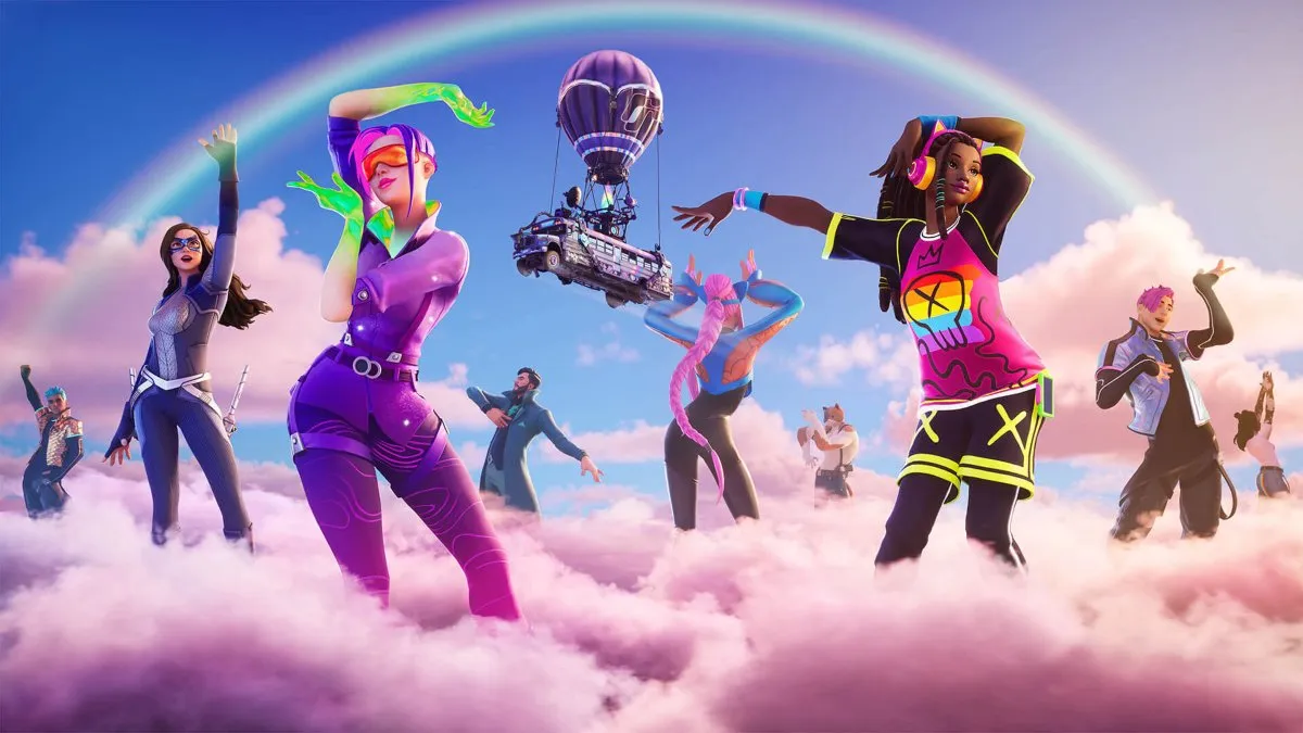 A bunch of Fortnite characters partying on the clouds