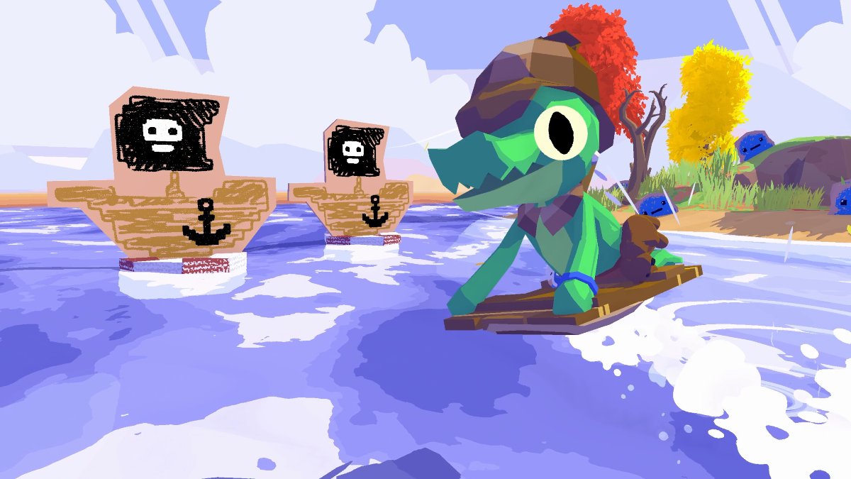 Lil Gator floating past cardboard pirate ships