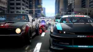 A car racing with a cop car side by side in Need For Speed Unbound