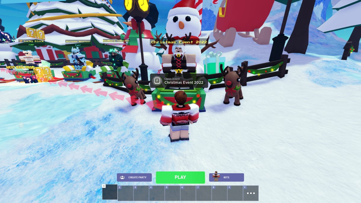 Bedwars Christmas Event 2022 staging area with snowman
