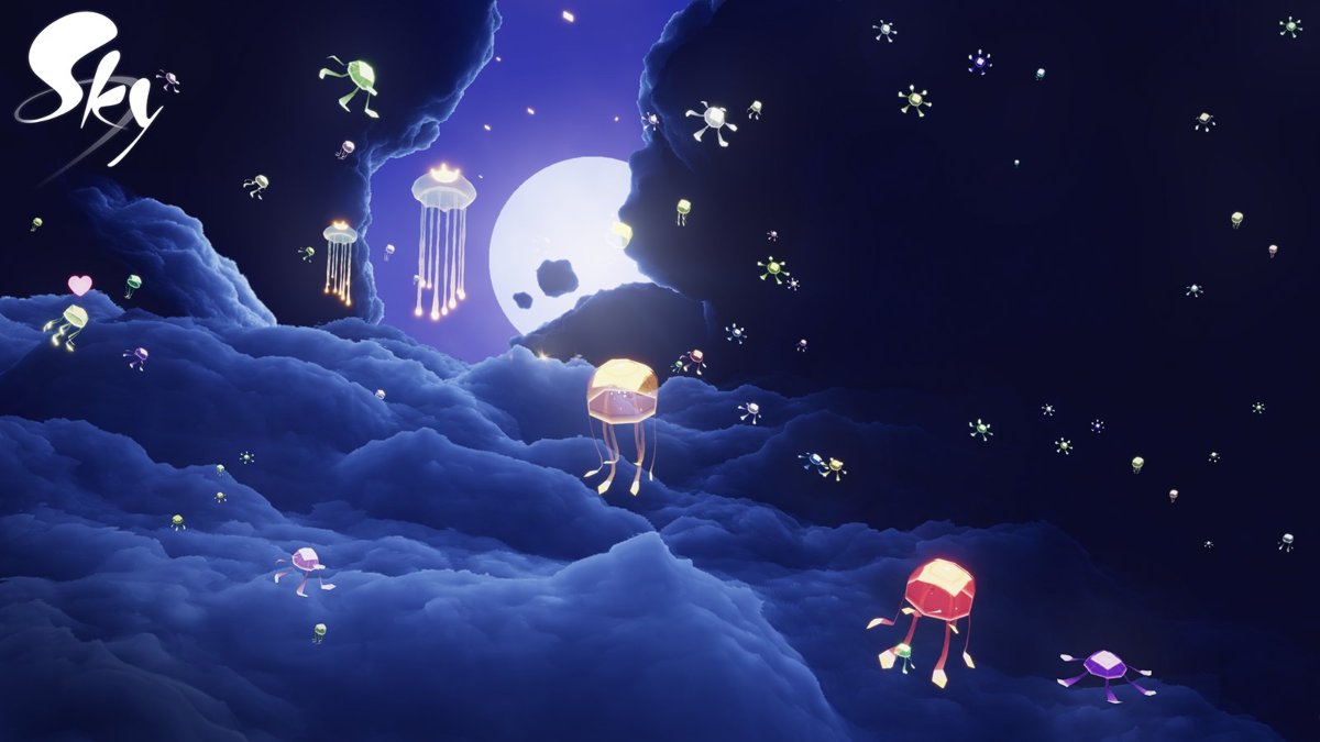 A night sky filled with flying jelly fish creatures