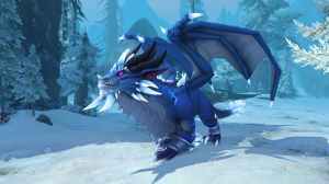 A dragon in the ice region of World of Warcraft Dragonflight game.